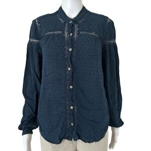 Free People Navy Blue Swiss Dot Button Down Blouse Top M